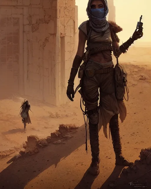 Prompt: female desert stalker, lonely rider, covered head, post - apocalyptic ruins | | realistic shaded, fine details, realistic shaded lighting poster by greg rutkowski, diego gisbert llorens, magali villeneuve, artgerm, jeremy lipkin and rob rey