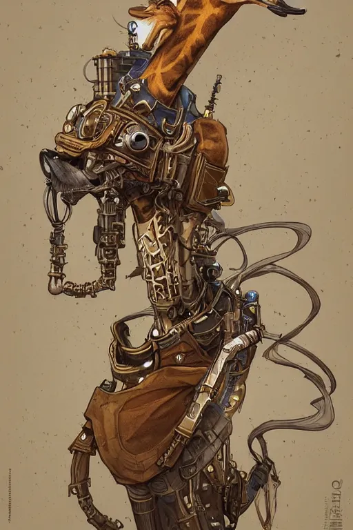 Prompt: anthropomorphic giraffe as steampunk half - cyborg, western gunslinger, high fantasy, dnd, smooth, sharp focus, illustration, highly detailed, digital painting, artstation, concept art, by disney animation, rossdraws, alphonse mucha, frank fanzzeta, collectible card art