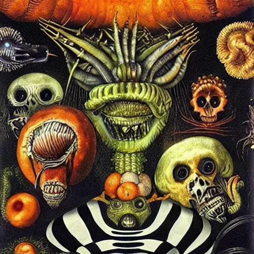 Image similar to album cover, aliens, black, white, orange, psychedelic, giuseppe arcimboldo