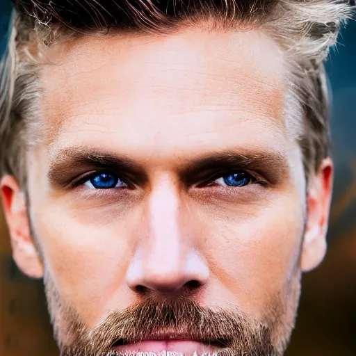 Image similar to close up of face of good looking 4 0 year old anglo slavic blond man with blond stubble, very short wavy blond hair in a short pompadour style, very dark blue eyes, portrait, 4 k