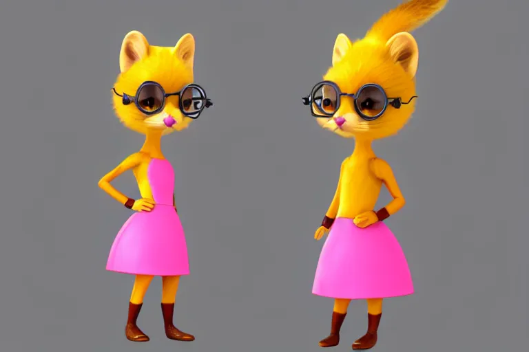 Prompt: female marten character : wearing jewelry and pink dress and yellow hat : head torso legs feet : lorax movie : artstation : cel shading