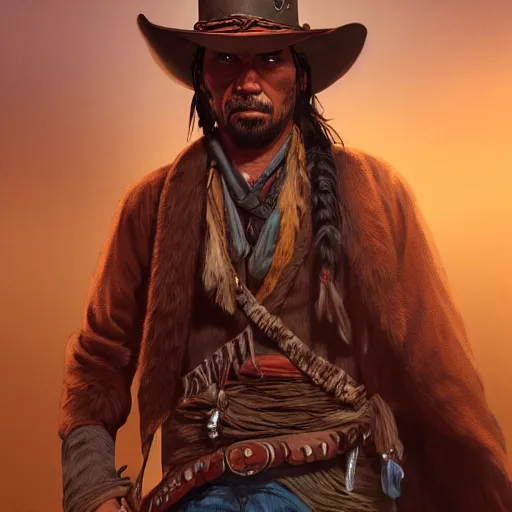 Image similar to portrait of a native american warrior of the old west, concept art, red dead redemption, django, fully coloured, golden hour, weird west, deadlands, dramatic lighting, digital art, 8 k, extremely detailed, drawn by ruan jia