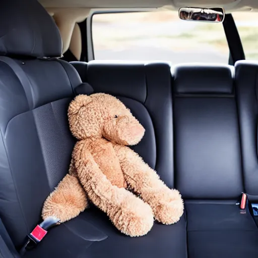Prompt: a photo of a goldendoodle sleeping on the backseat of a car with a teddy bear next to it