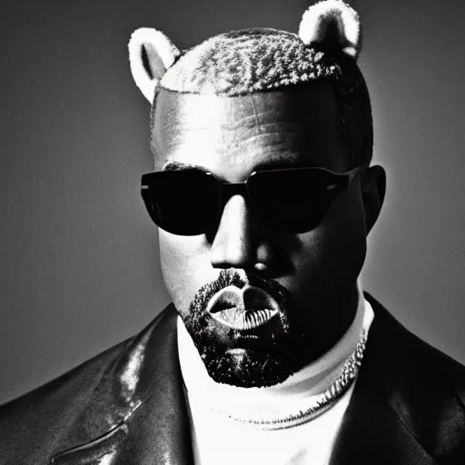 Image similar to cinematic photograph of Kanye West with a anthropomorphic teddy bear, close up, portrait, album cover, shallow depth of field, 40mm lens, gritty, textures