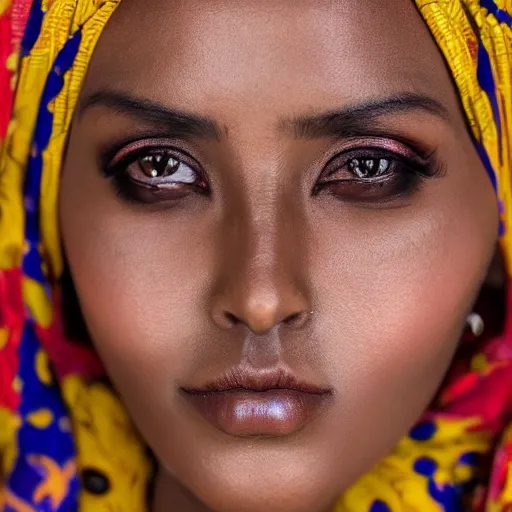 Prompt: somali woman, somali traditional attire, model, simple backdrop, portrait, beautiful, intricate, sharp focus on eyes, detailed face