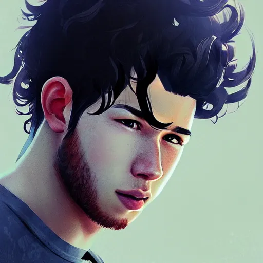 Image similar to Portrait of man with Nick Jonas's Tousled Curls type hair and Indonesian-type skin, atmospheric lighting, intricate detail, cgsociety, ambient light, dynamic lighting, anime style by Yusuke Kozaki