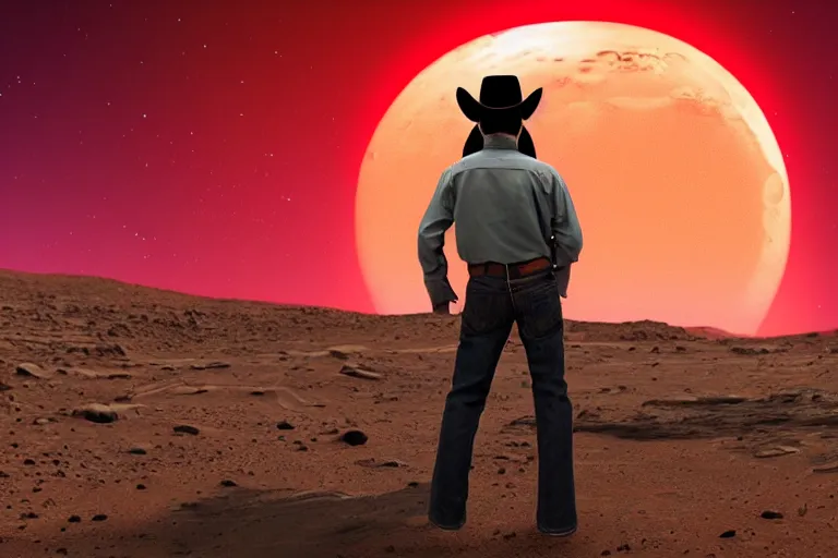 Prompt: old western cowboy with hand on hip on posing to camera on mars, distant background, red lighting, digital art, acrylic, colorful, ominous, moonlight, bokeh, depth of field, synthwave, psychedelic, glitch, acrylic, flooko, detailed, cybernetic, sci-fi, glows,