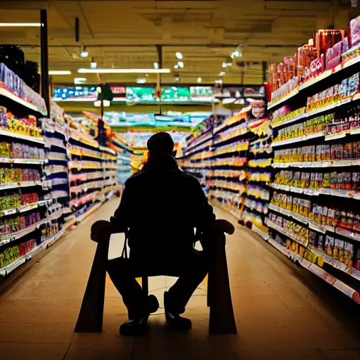 Image similar to a man in a store at 3 in the night he's bored and sitting on his chair working on a supermarket and there's only one light on