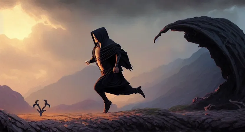 Prompt: tiny male mage running away from a giant skull, black hair wearing hooded gothic blue robe, bone mountain, movie action still frame, ultra wide horizon, intricate, elegant, highly detailed, hyperrealism, digital painting, concept art, smooth, sharp, focus, illustration, art by artgerm, greg rutkowski, ilya kuvshinov, alphonse mucha