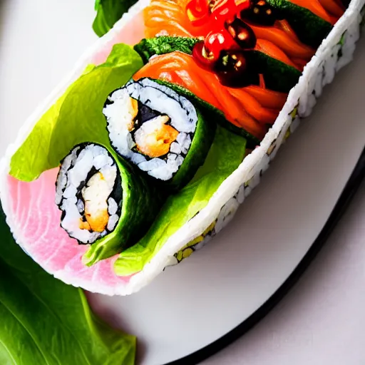 Prompt: professional food photography, a giant sushi roll in the shape of a taco, highly detailed beautiful