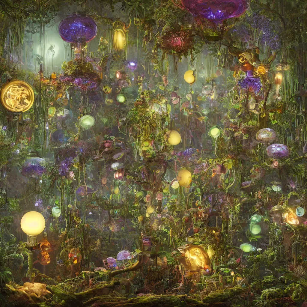 Image similar to victorian robots and bioluminous mushrooms growing in a spheroid forest, 3d render, nightlight Study, by Jan Davidsz de Heem and Lisa Frank, Art Nouveau, 8k, extreme detail, sharp focus, cinema 4d render