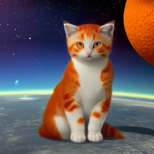 Prompt: A fuzzy orange cat sitting on planet earth, space with stars in the background, trending on artstation, 3D animation, by Salvador Dali