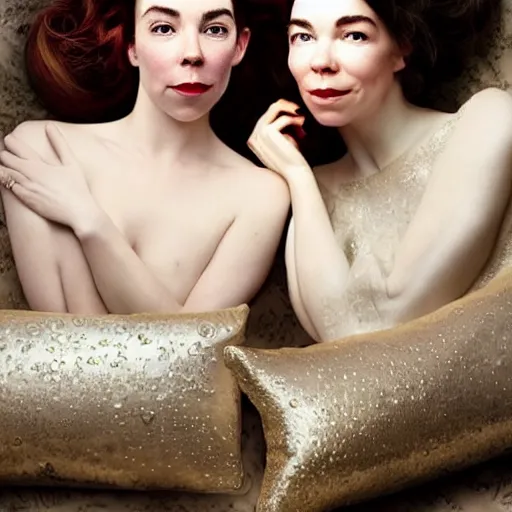 Image similar to stunning photo of dark - haired goddesses vanessa kirby and bjork smiling, laying back on a pillow, with melted white pearls all over their faces, a beautiful closeup, wet lips, perfect eyes, insanely detailed, elegant, by mucha, wlop, rutkowski, livia prima