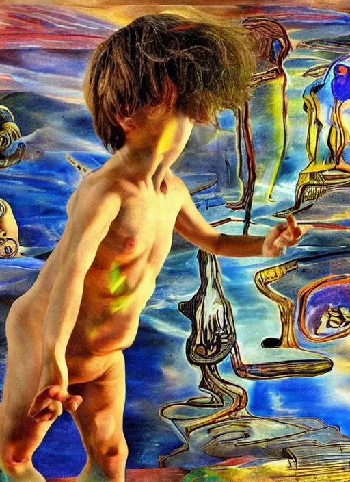 Image similar to a boy playing cdjs on a psychedelic space, by Salvador dali, da Vinci, real 3D, atmosphere, gesture drawn