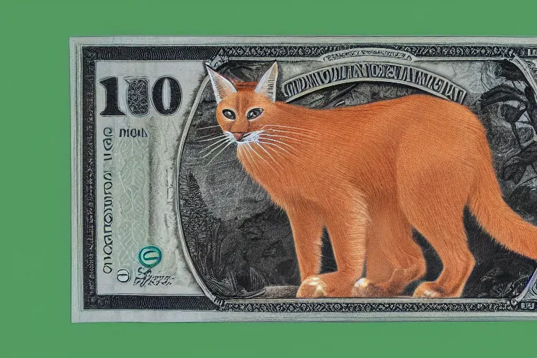 Image similar to one dollar banknote with face of cute caracal on it, intaglio style, photo realistic, ultra detailed, 8k, sharp focus