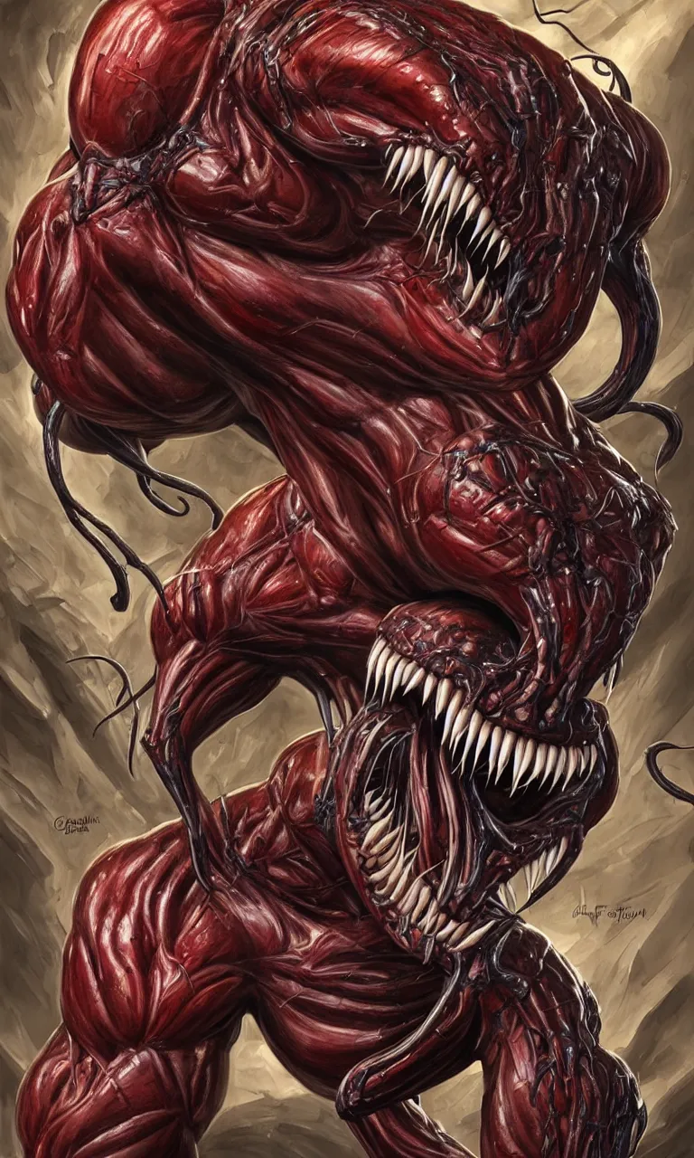 Image similar to hyper realistyc anatomically acurate full body long shot of bodybuilder venom from marvel comics!!!!, large mouth with teeth, lovecraftian horror, fantasy, intricate, elegant, highly detailed, digital painting, artstation, concept art, matte, sharp focus, illustration, art by glenn fabry