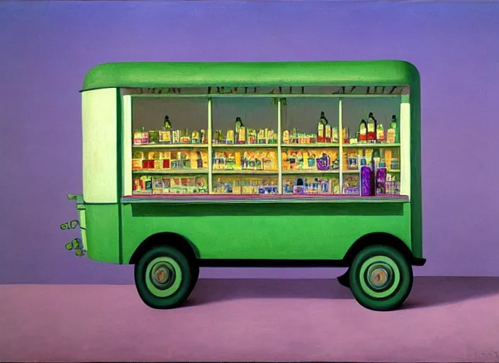 Image similar to a purple and green ice cream van that sells snake oil instead of ice cream, snake oil salesman selling little brown bottles of medicine, snake van, painting by René Magritte, Edward Hopper, 3D rendered