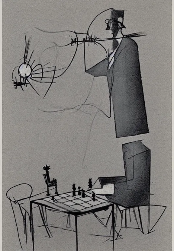 Image similar to a concept drawing of marcel duchamp holding up a chess - piece wire - machine, a surrealist painting by marcel duchamp, complex artificial - intelligence machinery, minimal sketch flow - chart, academic art, 1 9 2 0 s