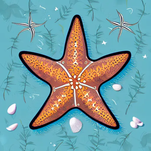 Prompt: illustration of a beautiful cyborg starfish overgrown with shells and flowers. matte background hd!