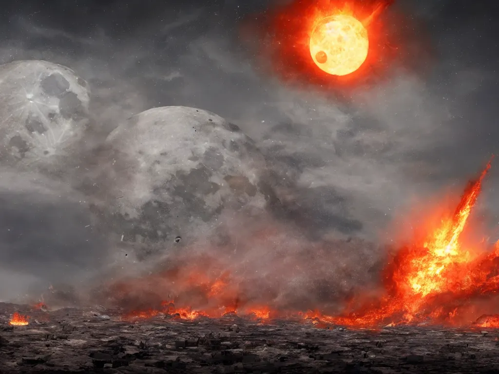 Prompt: wide shot of the moon falling out of orbit and crashing into earth, causing an fiery extinction-level event, 8k resolution, high detail, epic scale, trending on artstation