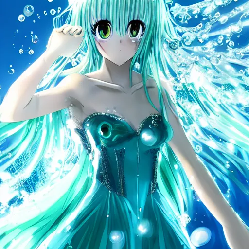 Prompt: a very beautiful anime girl wearing a dress made of water standing in a crystal lake in a futuristic emerald city, full body, long white hair with azure blue highlights blending into the dress , azure blue watery eyes, full round face, seductive over the shoulder glances , lens flare, cinematic lighting, medium shot, mid-shot, reflective surfaces, water droplets, caustic lighting , highly realistically detailed, trending on artstation, Unreal Engine 4k, Stanley Artgerm Lau, WLOP, Rossdraws, James Jean, Andrei Riabovitchev, Marc Simonetti, and Sakimichan