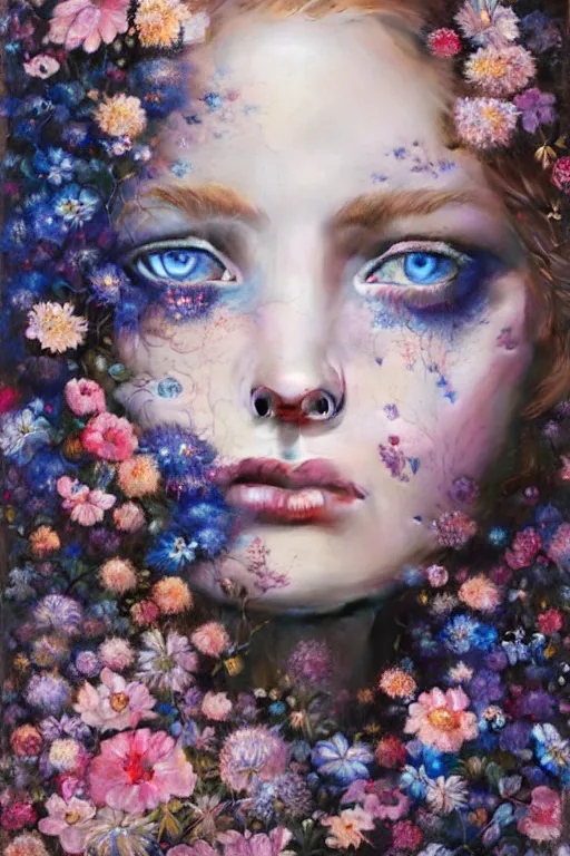 Prompt: portrait of beautiful girl, blue eyes, covered in flowers by peter lindbergh, sam spratt, michael page, julie heffernan, glenn brown, ayami kojima, greg hildebrandt, brian froud, paolo roversi, kilart, 8 k, hyper detailed, hyper realism, acrylic paint, surrealism, smooth, sharp focus.