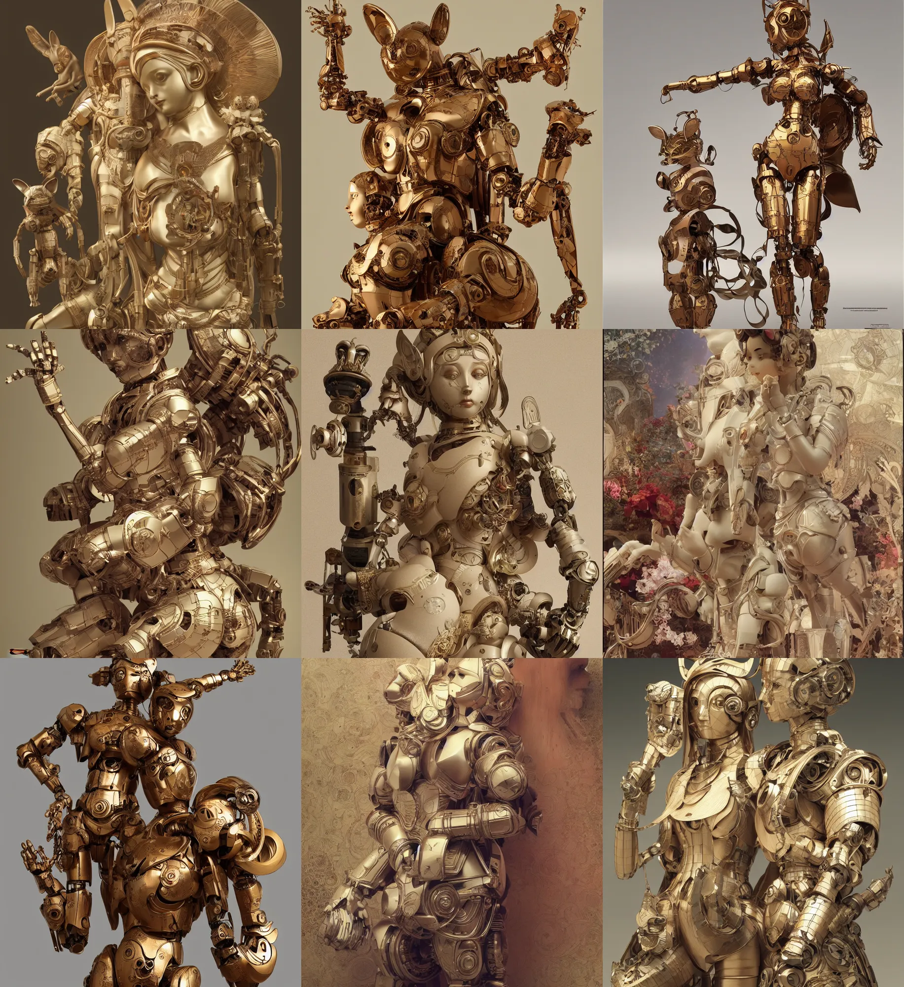 Prompt: 3 d octane render ultra 8 k photorealistic hyper detailed, trending on cgsociety, in a contemporary art gallery, lossless quality, wooden sculpture on feet art toys, a very cute mystical statue robot of the roman with cats ears, by alphonse mucha