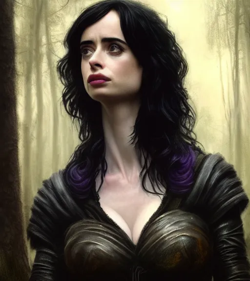 Image similar to 5 5 mm close up portrait photo of krysten ritter as yennefer of vengerberg in black leather armor and long black thick hair who has purple eyes, in a forest. magical atmosphere. art by greg rutkowski. lifelike. very detailed 8 k. intricate. soft light. nikon d 8 5 0.