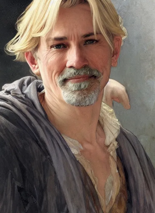 Prompt: a man in his 4 0 s with blonde hair and a friendly smiling face and scars on his arms. he is wearing a tattered grey cloak. portrait painting by artgerm and greg rutkowski and alphonse mucha.