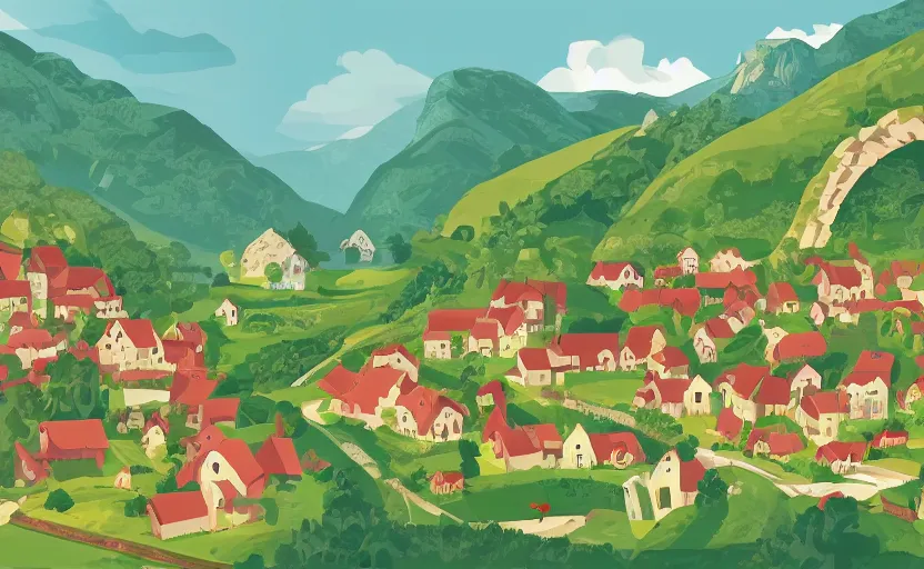 Image similar to a small village in a valley, villagers busy farming, a dragon approaching from a distance, zoomed in, vector, storybook, gouache, flat, sharp edges, concept art, print