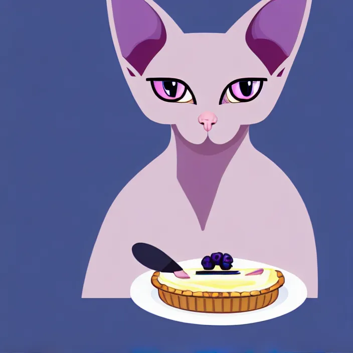 Image similar to an anthropomorphic sphynx cat fursona with big eyes eating a slice of blueberry pie, furry art, cute, oil on canvas, soft lighting