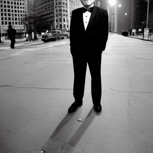 Image similar to 1 9 9 6 nathan lane wearing a black suit and necktie standing on the streets of chicago at night.