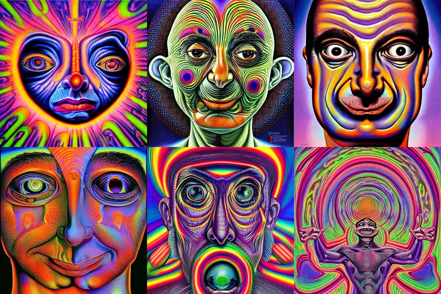 Prompt: Mr. Bean opens his third eye, by Alex Grey. Psychedelic art.