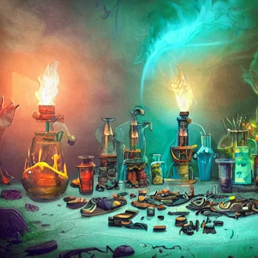 Image similar to these monsters are consumed by fire, yet they remain unharmed. they are surrounded by the tools of the alchemist's trade - beakers and test tubes full of colorful liquids, crystals, and books of ancient knowledge. the scene is suffused with an eerie glow, as if something magical is happening here. dramatic lighting epic glows eerily beautiful photograph