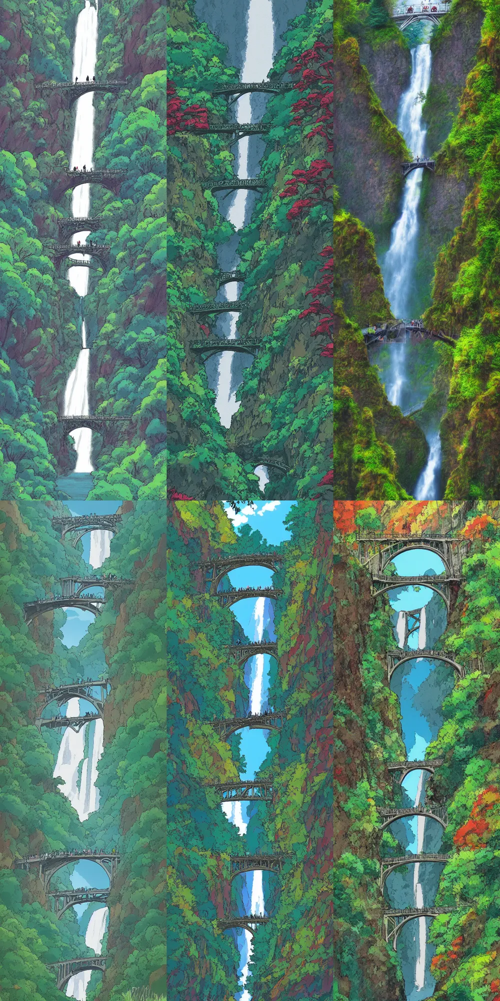 Prompt: multnomah falls oregon in the style of studio ghibli, hayao miyazaki, colorful, detailed