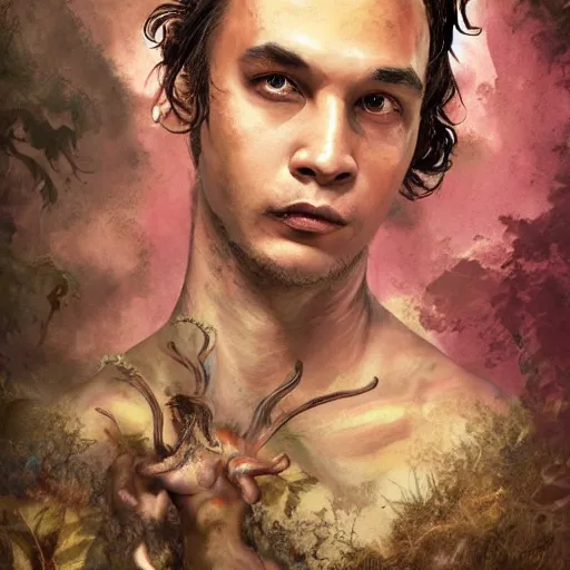 Prompt: frank dillane as a satyr full body portrait, seductive, sexy, leaves, intricate, digital painting, old english, whimsical background by marc simonetti, artwork by liam wong