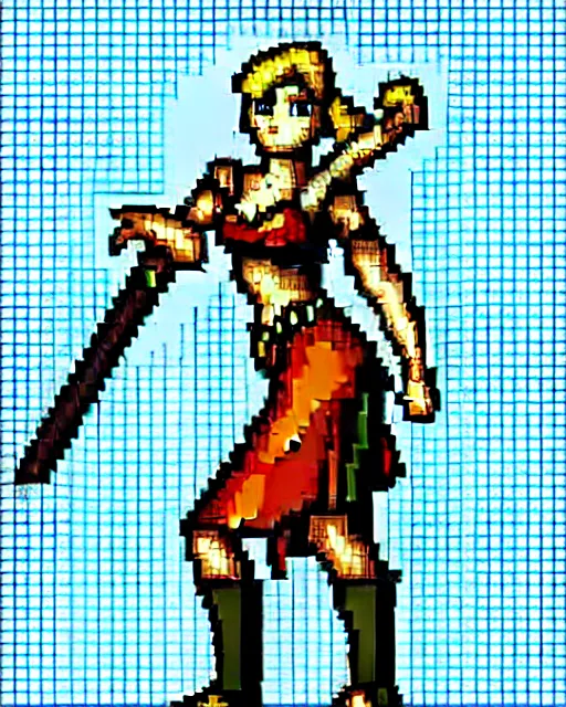 Prompt: a pixel art picture of a woman holding a sword, pixel art, isometric 2 d game art, 1 6 bit, dynamic pose, # pixelart