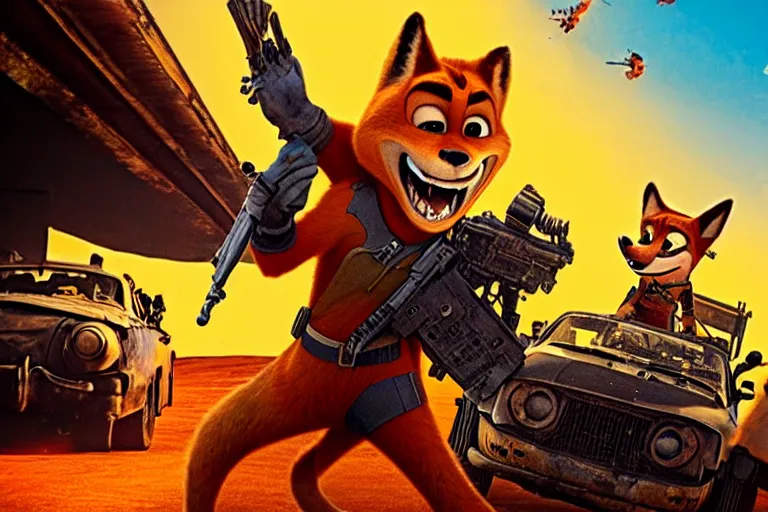 Image similar to nick wilde, heavily armed and armored facing down armageddon in a dark and gritty reboot from the makers of mad max : fury road : witness me