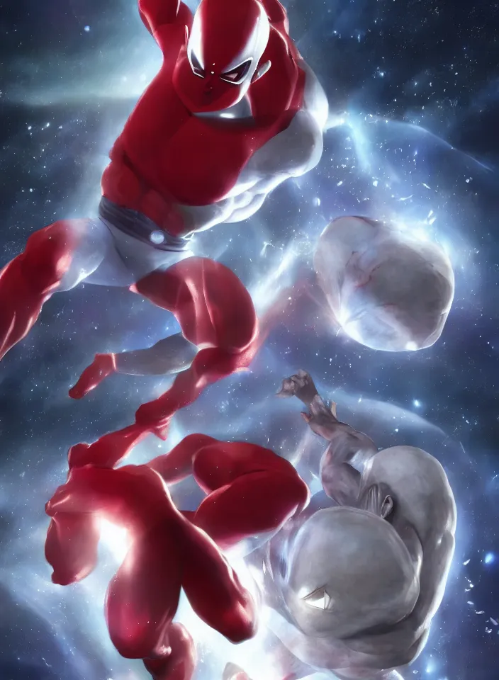 Prompt: hyper-realistic jiren the grey wearing red power ranger suit + superman suit | powerful attack, full body aura, ultra instinct, chakra | space, asteroids, stars, sun, floating rocks | drawn by Alan davis & richard corben & glenn fabry | highly detailed, cinematic poster, 4k HD wallpaper, epic scene, zbrush, octane render, rim lighting