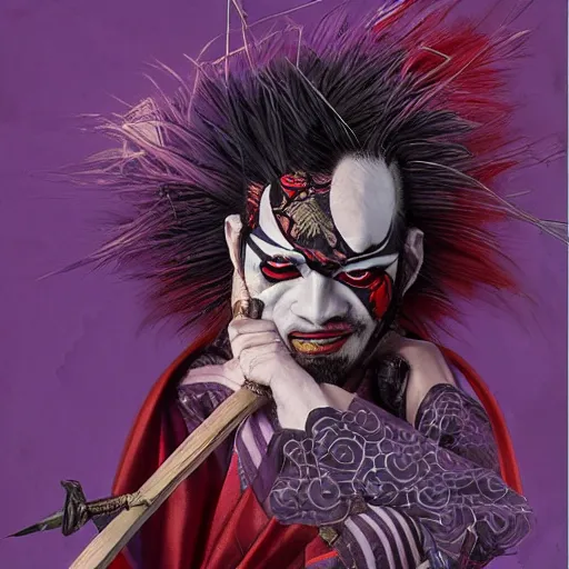 Prompt: portrait of an insane kabuki man wielding a spear covered in a distorting aura, intricate purple hakama, poofy red wig, eerie, highly detailed, dark fantasy, shallow depth of field, art by artgerm and greg rutkowski