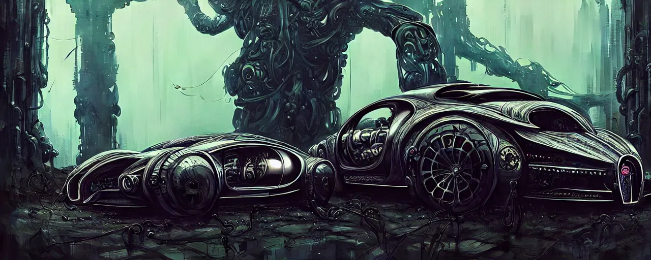 Image similar to shiny cyberpunk vehicle reminiscent of bugatti chiron with robotic enhancements parked in ancient mystic woods, gothic and baroque, brutalist architecture, ultradetailed, creepy ambiance, fog, artgerm, giger, Intricate by Ellen Jewett and Josan Gonzalez and Giuseppe Arcimboldo