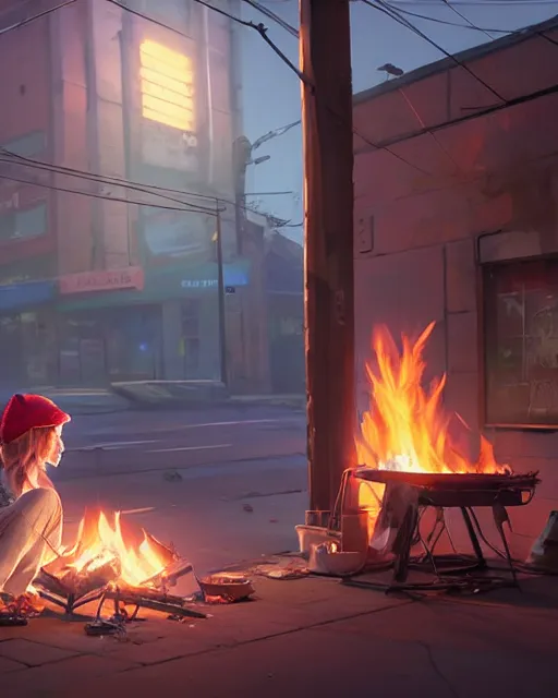 Image similar to portrait of homeless Taylor Swift wearing tattered rags barbecuing shoes on a portable stove, in GTA V, Stephen Bliss, unreal engine, by Greg Rutkowski, Loish, Rhads, Makoto Shinkai and Lois van baarle, ilya kuvshinov, rossdraws, global illumination, radiant light, detailed and intricate environment