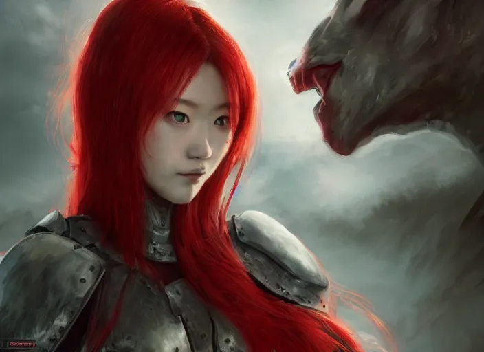 Image similar to landscape, portrait painting beautiful realism, a japanese girl red hair in armor who was sprawled out was about to rise, his face covered in blood. cinematic scene, good lighting, fine art, trending on artstation, smooth draw, sharp focus.