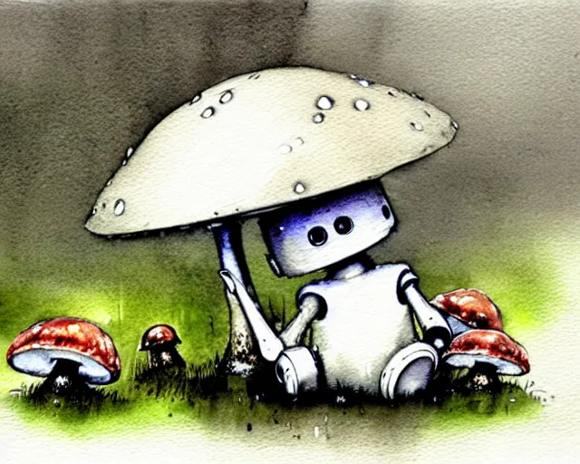 Prompt: a cute little robot sitting on the ground under mushrooms, hiding from the rain. gray sky, rain clouds, heavy rain. watercolor painting by jean - baptiste monge, muted colors