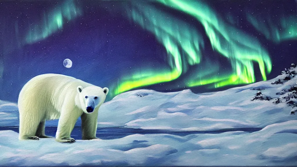 Image similar to an oil painting of a close - up polar bear traversing a snowy landscape at night, the northern lights and the moon are visible