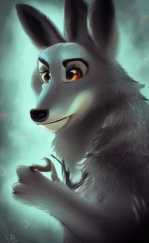 Image similar to “wolf in the style of zootopia in a dark room, trying to avoid lasers, cinematic, dramatic in the style of zootopia”