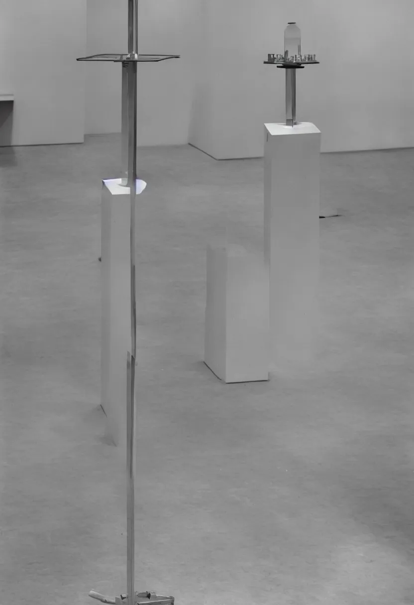 Prompt: a readymade machine on a pedestal, Marcel Duchamp, museum pedestal, minimal empty room