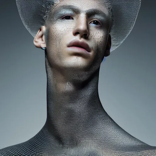 Image similar to a beautiful young mexican male wearing iris van herpen couture, photographed by erwin olaf