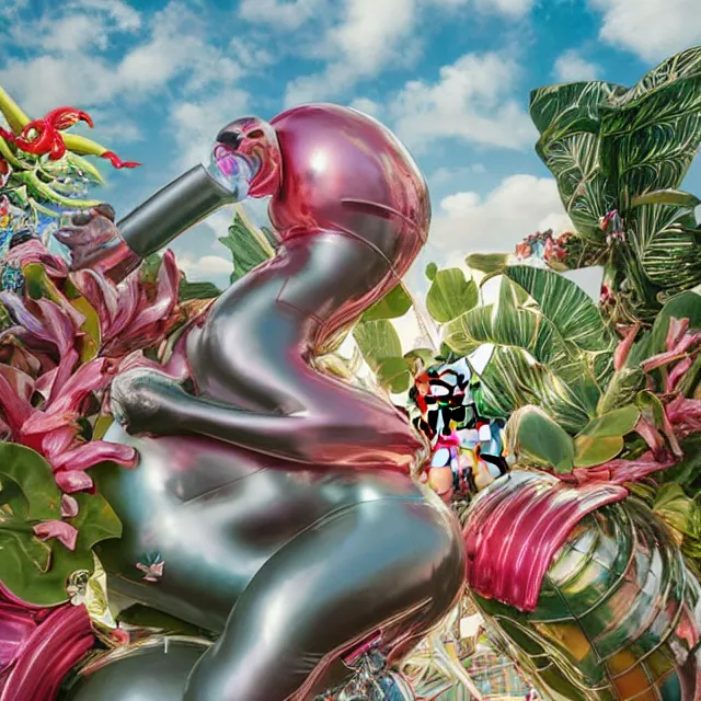 Image similar to an extreme close - up of a statue chrome cyborg lycra nymph battling a giant inflatable flamingo pool float, christmas cactus arnold schwarzenegger and monstera plants, fireworks thick smoke epic clouds, by jeff koons, hajime soryama, boris vallejo, artgerm, greg rutkowski, alphonse mucha