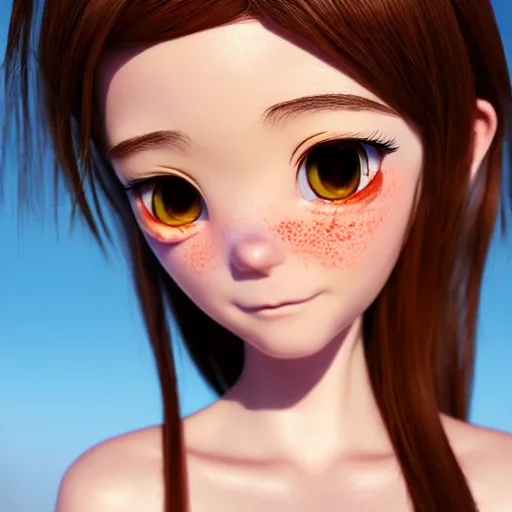 Image similar to Render of a very beautiful 3d anime girl, long hair, hazel eyes, cute freckles, full round face, short smile, cute sundress, golden hour, ice age setting, medium shot, mid-shot, highly detailed, trending on Artstation, Unreal Engine 4k